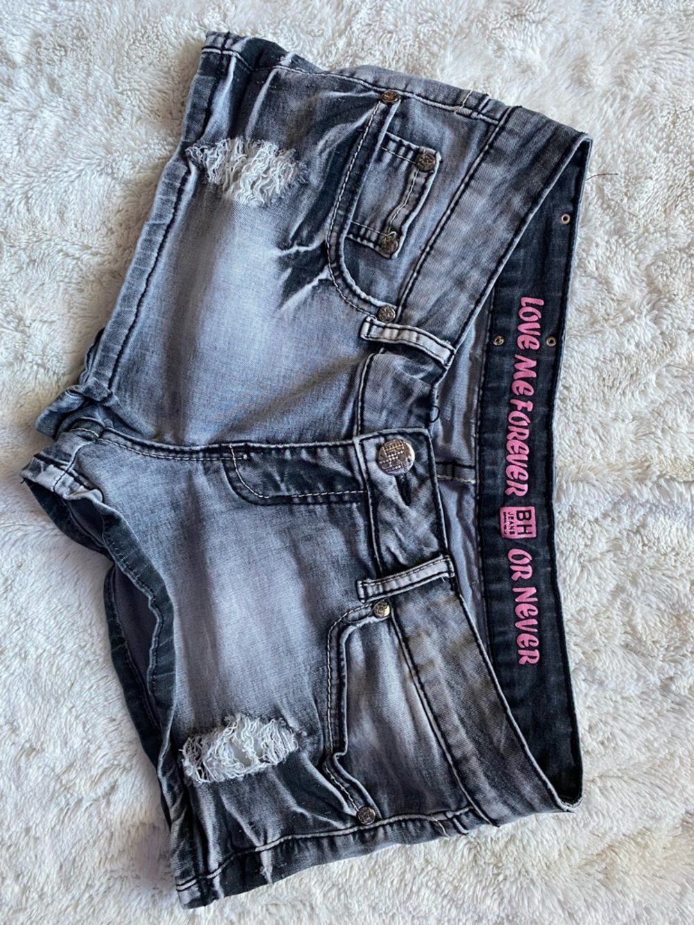 & Other Stories Gray Distressed Denim Shorts with Pink Waistband Text